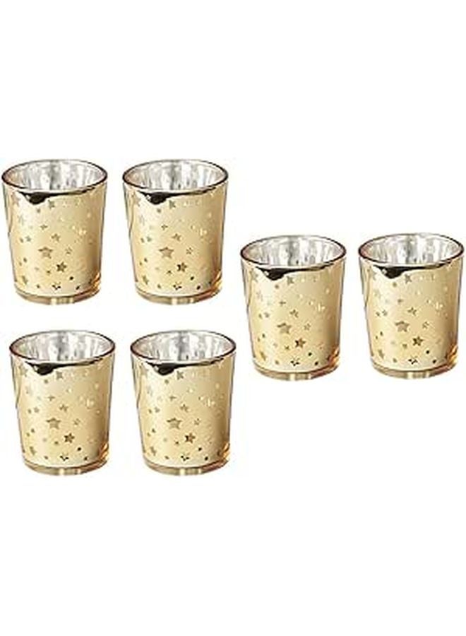 Gold Hollow Star Glass Candle Holder Set 6Pcs European Style Votive Cups for Romantic Dining Table Decor - Image 1