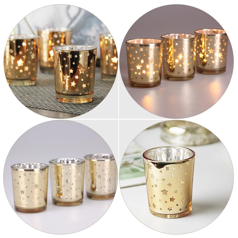 Gold Hollow Star Glass Candle Holder Set 6Pcs European Style Votive Cups for Romantic Dining Table Decor - Image 4