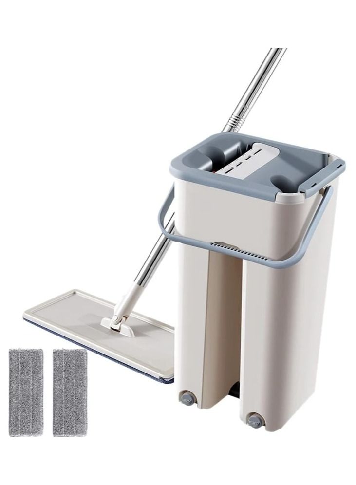 Microfiber Flat Mop with Bucket, Cleaning Squeeze Hand Free Floor Mop, 3 Reusable Mop Pads, Stainless Steel Handle,360° Rotating Head Squeeze Advanced microfiber pad: 2 reusable microfiber pads that a  - Image 1
