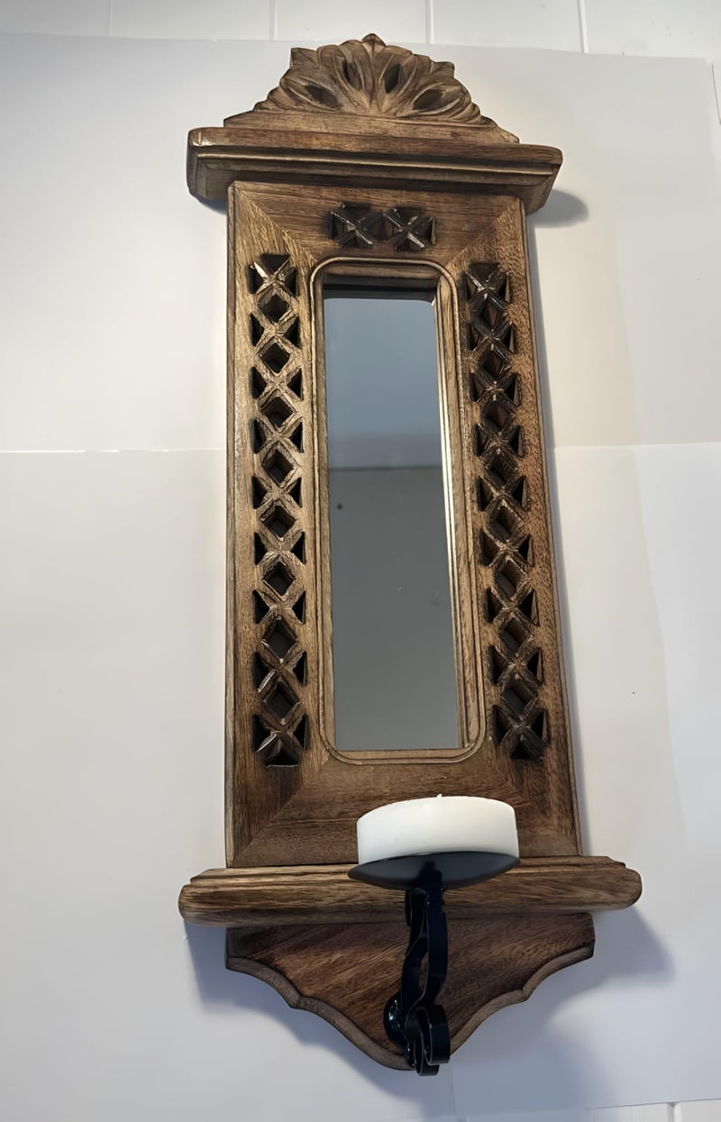 PEBBLECRAFTS Wall Mount Candle Stand for Living Room Decorative Mirror for wall Decoration wall Candle Holders for Home Decor Wall Hanging Candle Holder Wooden Jharokha - Image 2