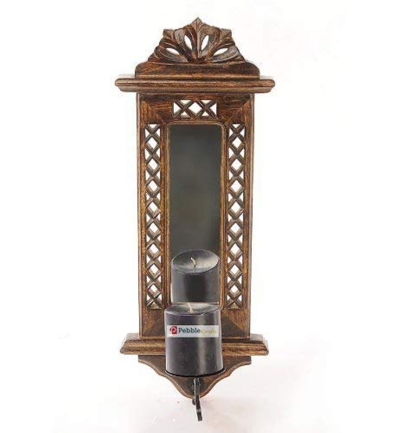 PEBBLECRAFTS Wall Mount Candle Stand for Living Room Decorative Mirror for wall Decoration wall Candle Holders for Home Decor Wall Hanging Candle Holder Wooden Jharokha - Image 4