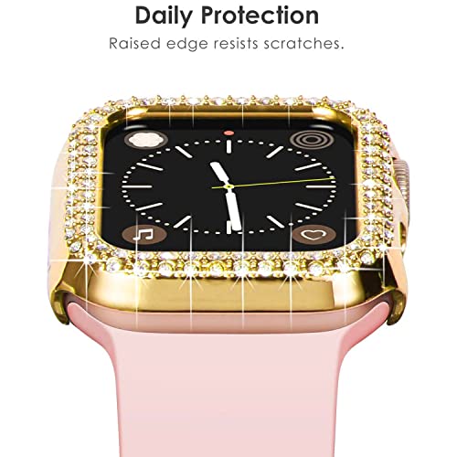 DEALELE [2-PACK Case Compatible with Apple Watch Series 6/5 / 4 / SE2 / SE (44mm), Bling Double-Rows Rhinestone Diamond Protective Case Cover Replacement Protector (44mm, Gold+Transparent) - Image 3