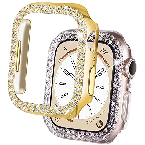 DEALELE [2-PACK Case Compatible with Apple Watch Series 6/5 / 4 / SE2 / SE (44mm), Bling Double-Rows Rhinestone Diamond Protective Case Cover Replacement Protector (44mm, Gold+Transparent) - Image 1