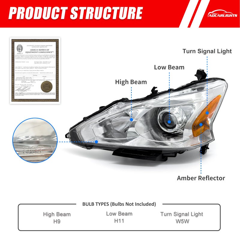 ADCARLIGHTS 2013 2014 2015 Nissan Altima Headlight Assembly Only fit 4Door Clear Lens Chrome Housing with Amber Reflector Headlamp Replacement Left and Right Pair(Does Not Fit Xenon/HID)ï¼ˆW/O Bulbsï¼‰ - Image 3
