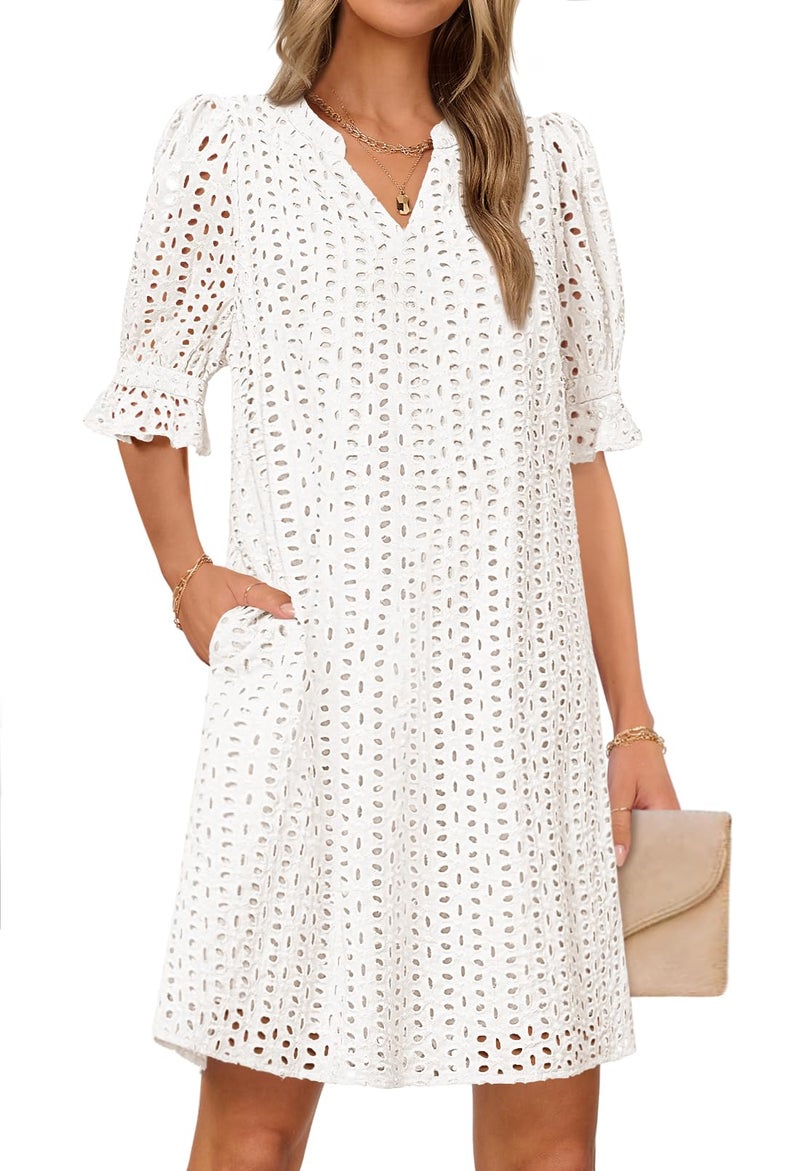 MEROKEETY Women's 2026 Summer Short Sleeve Mini Dress V Neck Ruffle Hollow Out Eyelet Lace Dresses, White, Medium - Image 1