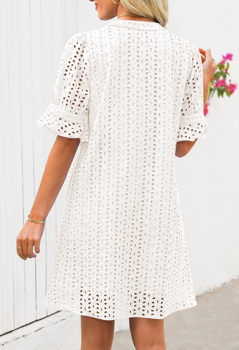 MEROKEETY Women's 2026 Summer Short Sleeve Mini Dress V Neck Ruffle Hollow Out Eyelet Lace Dresses, White, Medium - Image 5