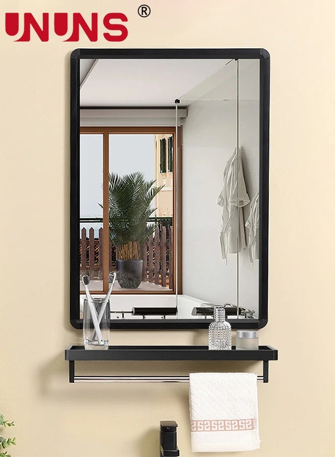 UNUNS Bathroom Mirror With Shelf,Rectangle Metal Bathroom Vanity Mirror with Storage,Black Rounded Corner Wall Mounted Bathroom Mirrors for Over Sink Bedroom Entryway,Black - Image 1