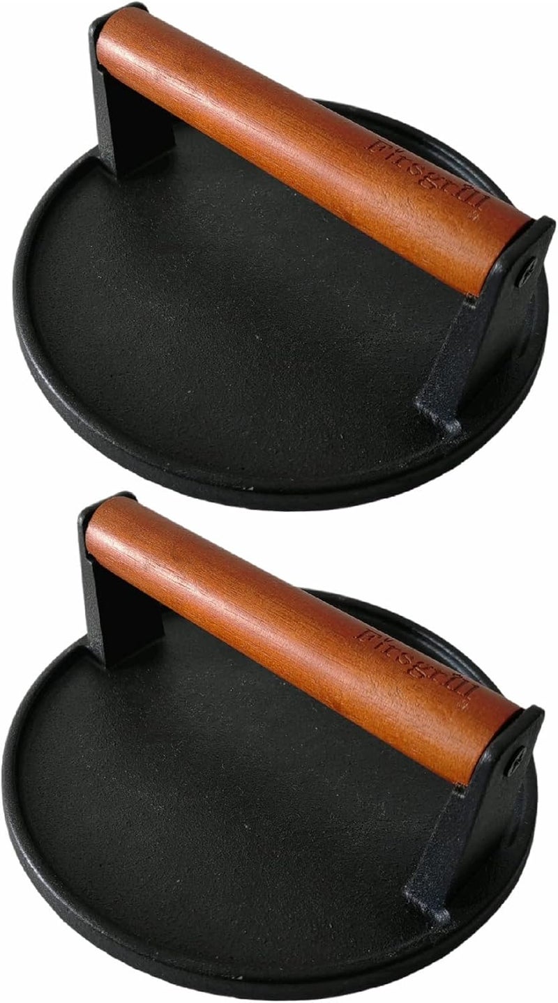 Firsgrill طقم ضغط برجر 2-pack 7.08 بوصة دائري، ضغط برجر من الحديد الزهر الثقيل مع مقبض خشبي لطهي اللحم ستيك لأسطح الشواء بلاكستون كامب شيف بيت بوس ويبر (2 دائري) - Image 1