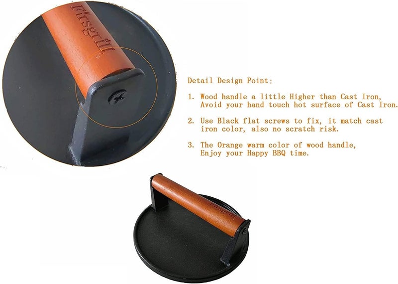 Firsgrill طقم ضغط برجر 2-pack 7.08 بوصة دائري، ضغط برجر من الحديد الزهر الثقيل مع مقبض خشبي لطهي اللحم ستيك لأسطح الشواء بلاكستون كامب شيف بيت بوس ويبر (2 دائري) - Image 2