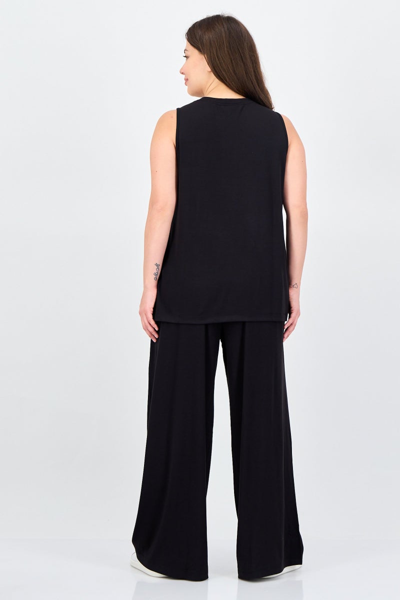 ANNE KLEIN Women 2 Pieces Crew Neck Sleeveless Ribbed Top And Palazzo Pants Set, Black - Image 4