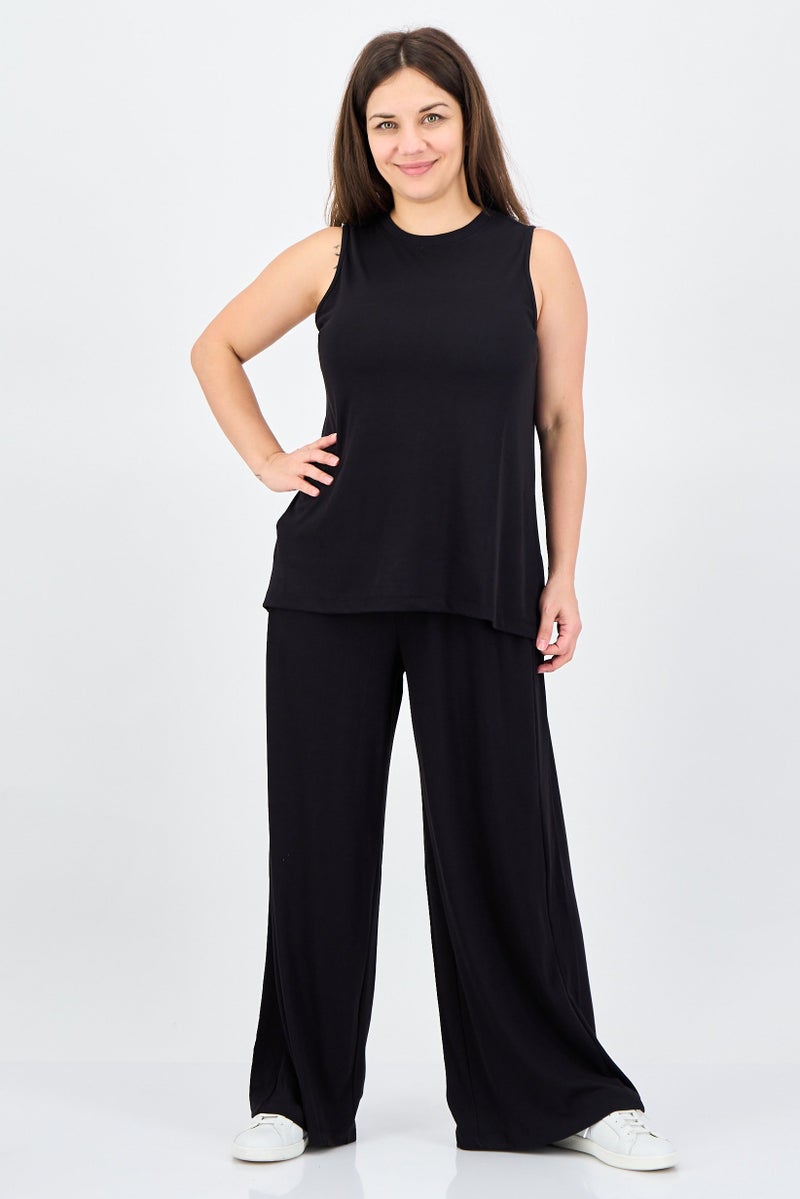 ANNE KLEIN Women 2 Pieces Crew Neck Sleeveless Ribbed Top And Palazzo Pants Set, Black - Image 1
