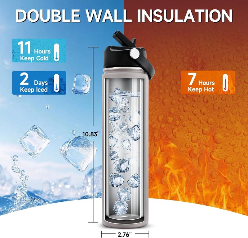 OZERO 24 Oz Insulated Stainless Steel Water Bottle with Lid and Straw - Double Wall Tumbler for Hot & Cold Drinks, Fits in Car Cup Holder, Leak-Proof Water Bottle for Sports, Gym and School - Image 3