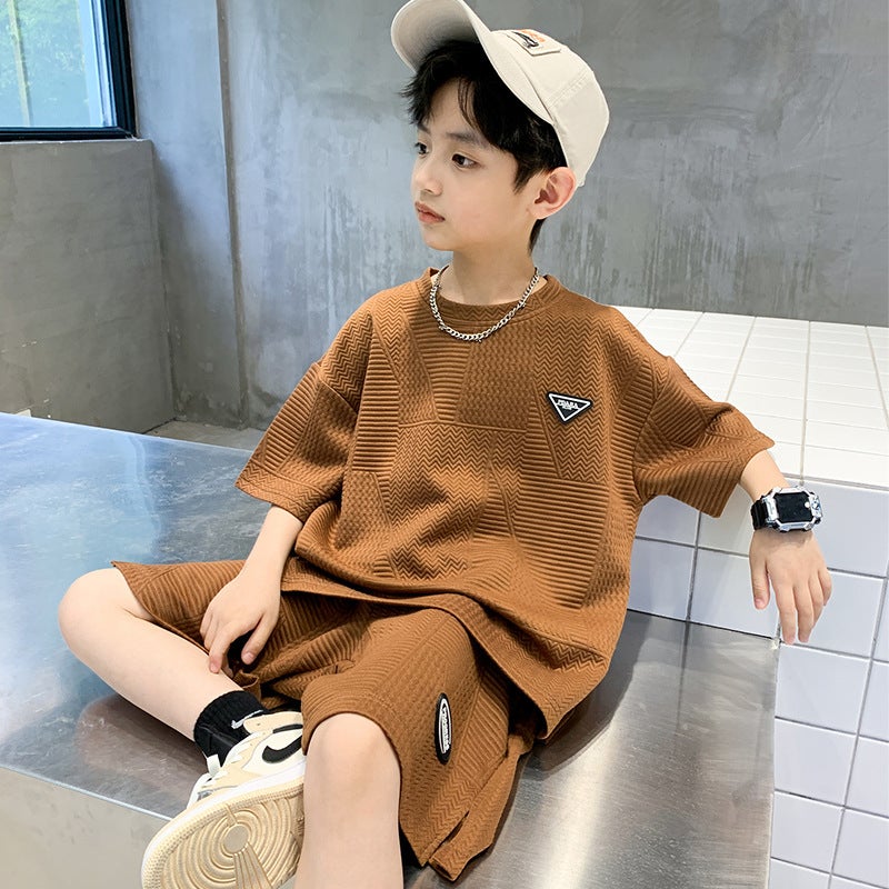 Summer Boys Outfit 2023 New Short Sleeve Top Capri Pants Set Khaki