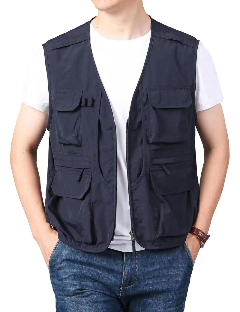 سترة عمل متعددة الاستخدامات للرجال من فلايجو سترة صيفية خارجية لصيد السمك والسفاري والسفر مع جيوب 01 أزرق بحري S