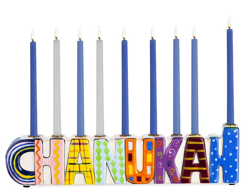 Rite Lite Chanukah Multicolor Menorah  Hand Painted Ceramic Colorful Menorah Whimsical Designs Kids for Hanukkah Gifts Jewish Holiday Party Favors Festival of Lights
