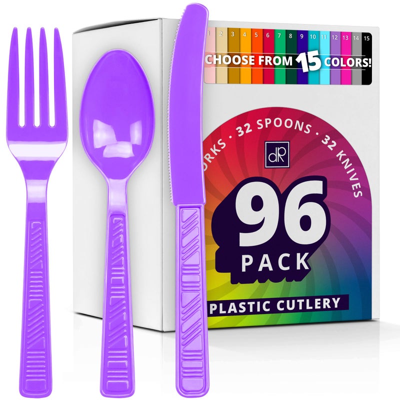 DecorRack Plastic Cutlery Set Purple Colored Plastic Silverware Sets for Parties 96 Piece Bulk Heavy Duty Utensils Purple 96 Pieces