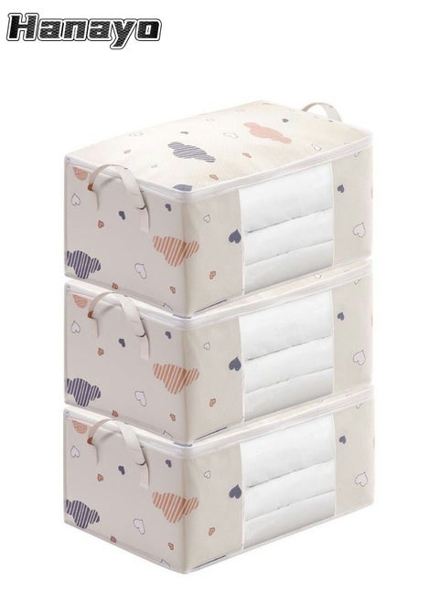 3 Pcs Storage Bags Foldable Closet Organizers Storage Containers with Handle Clear Window Storage Containers for Bedding Comforters(Beige)