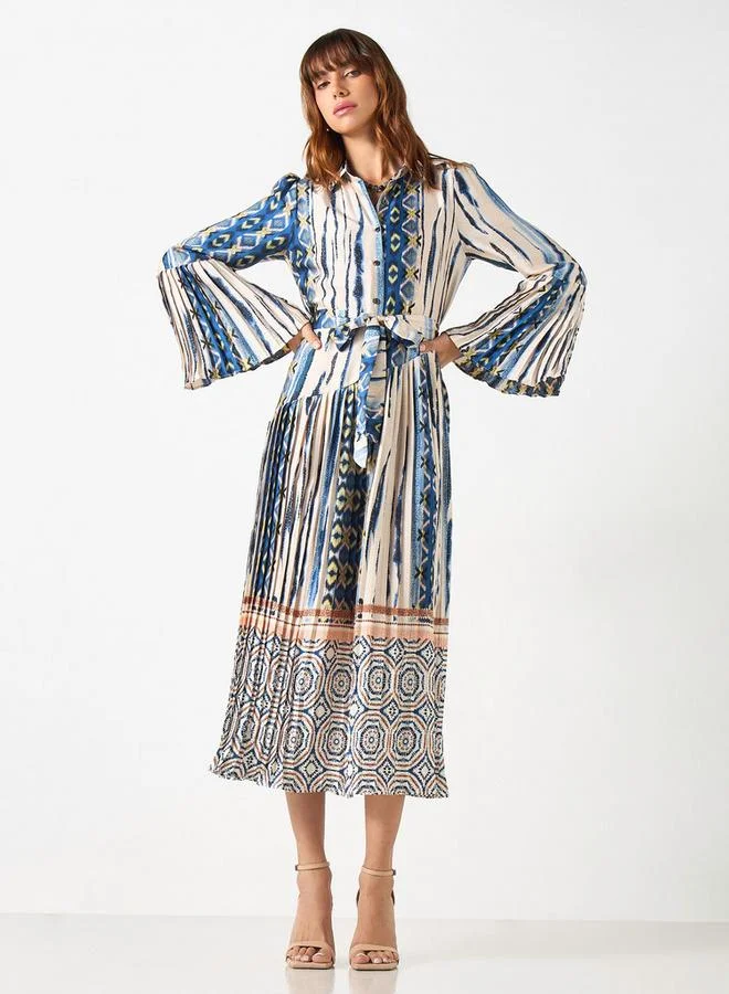 2Xtremz 2Xtremz All-Over Print Shirt Dress with Tie-Up Belt and Bell Sleeves