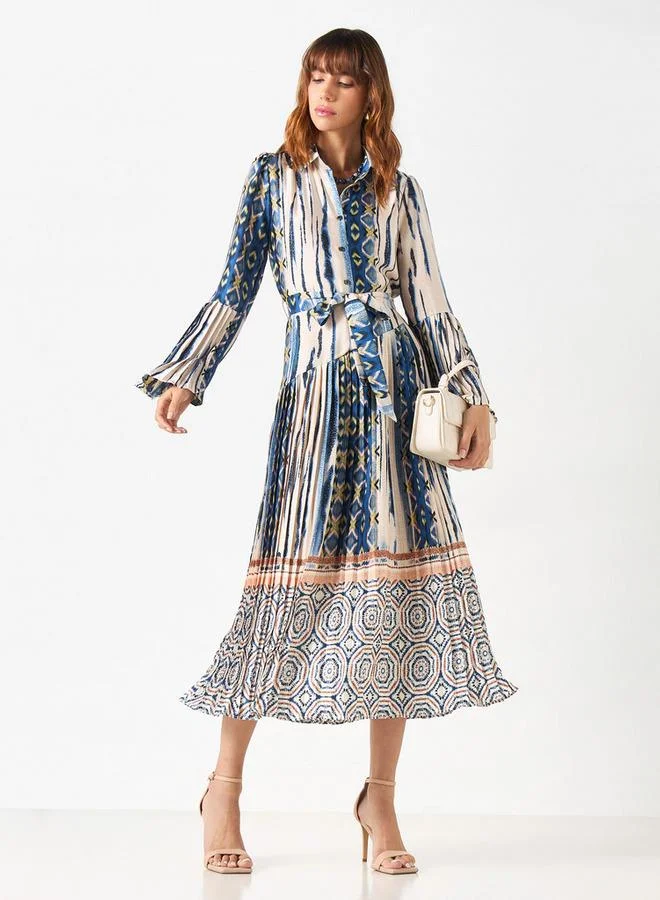 2Xtremz 2Xtremz All-Over Print Shirt Dress with Tie-Up Belt and Bell Sleeves