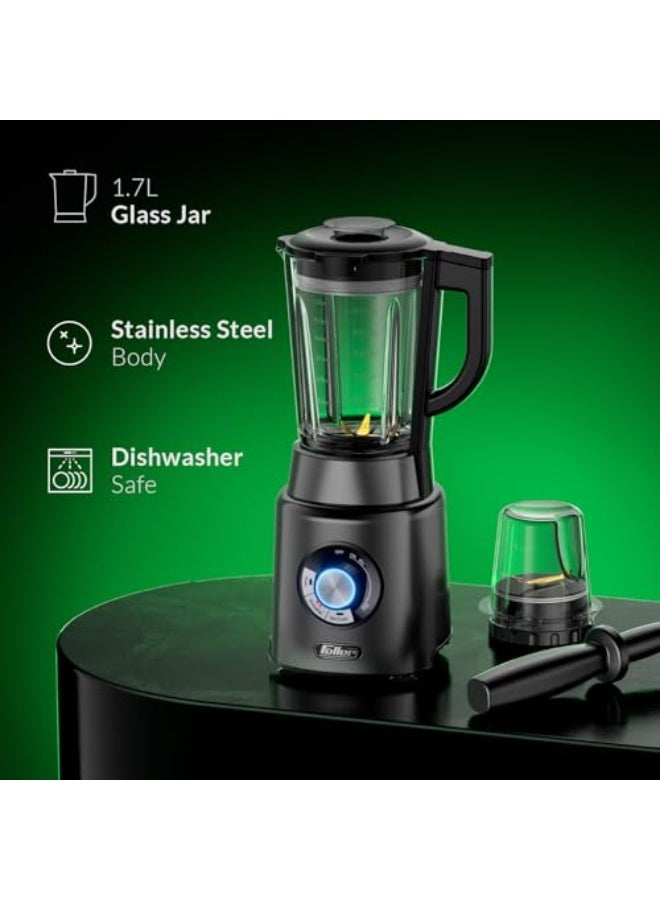Feller Germany, Blender + Grinder Mill, 1200W, 1.7L, Preset for Ice Crush/Smoothie/Pulse Function, Tamper, Variable Speed, Stainless Steel Blades, BLG1200, (Platinum) - Image 4