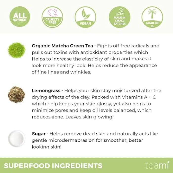 Teami Matcha Green Tea Facial Scrub For Hydrating, Moisturizing, and Exfoliating, Natural Exfoliating Body & Organic Face Exfoliator Sugar Scrub with Lemongrass, Non-Greasy Face Exfoliant - Image 4