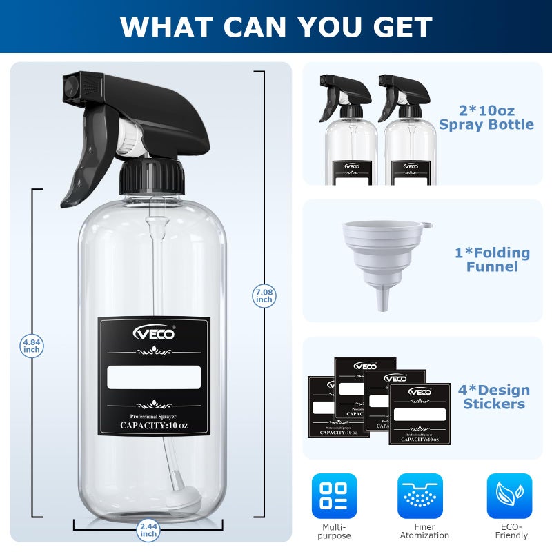 Veco 300mL (10oz) 360Â° Spray Bottles, 2-Pack â€” Adjustable Nozzle, Leak-Resistant spray bottles for Cleaning, Plants, Hair & Pet Use + Foldable Funnel - Image 3