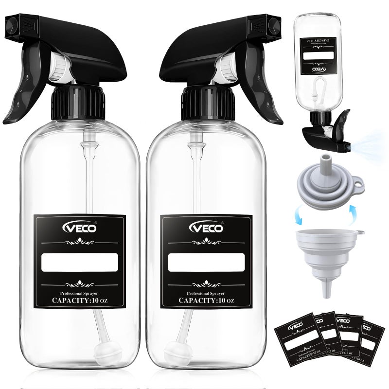 Veco 300mL (10oz) 360Â° Spray Bottles, 2-Pack â€” Adjustable Nozzle, Leak-Resistant spray bottles for Cleaning, Plants, Hair & Pet Use + Foldable Funnel - Image 1