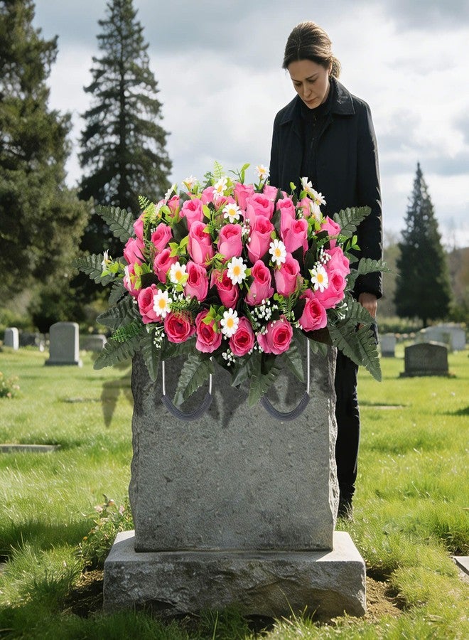 Wocst Cemetery Decorations for Grave Large Headstone Flower Saddle Grave Silk Flowers for Outdoor Grave Decoration(Pink) - Image 2
