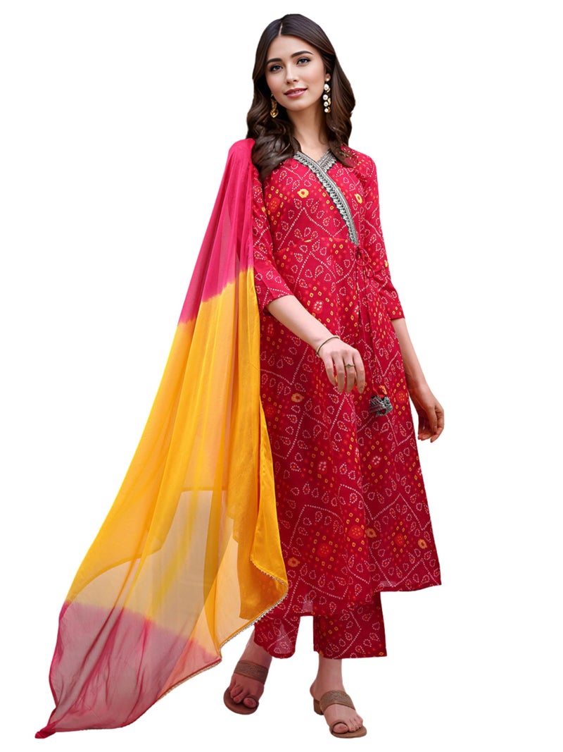 EthnicJunction Women's Cotton Silk Bandhani Print and Embroidered Work Angrakha Kurta Palazzo With Dupatta Set - Image 1