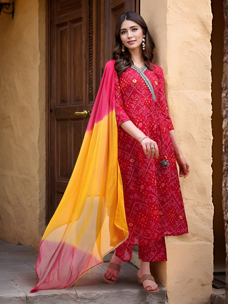 EthnicJunction Women's Cotton Silk Bandhani Print and Embroidered Work Angrakha Kurta Palazzo With Dupatta Set - Image 2