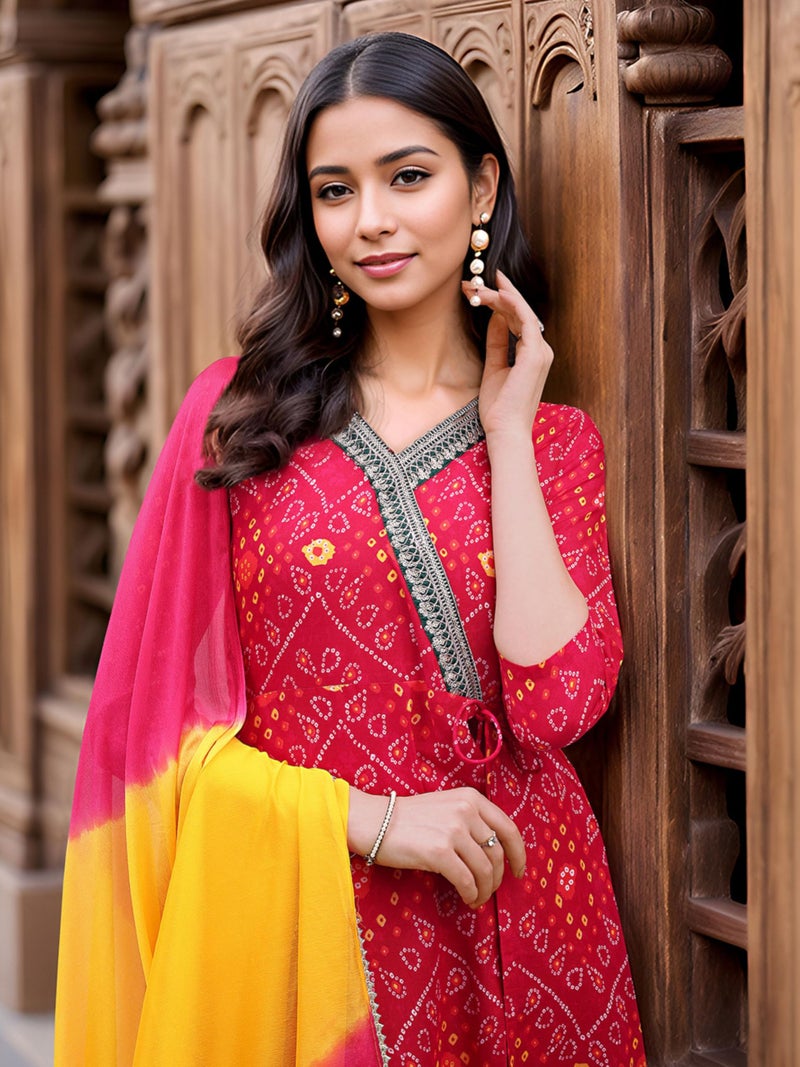 EthnicJunction Women's Cotton Silk Bandhani Print and Embroidered Work Angrakha Kurta Palazzo With Dupatta Set - Image 4