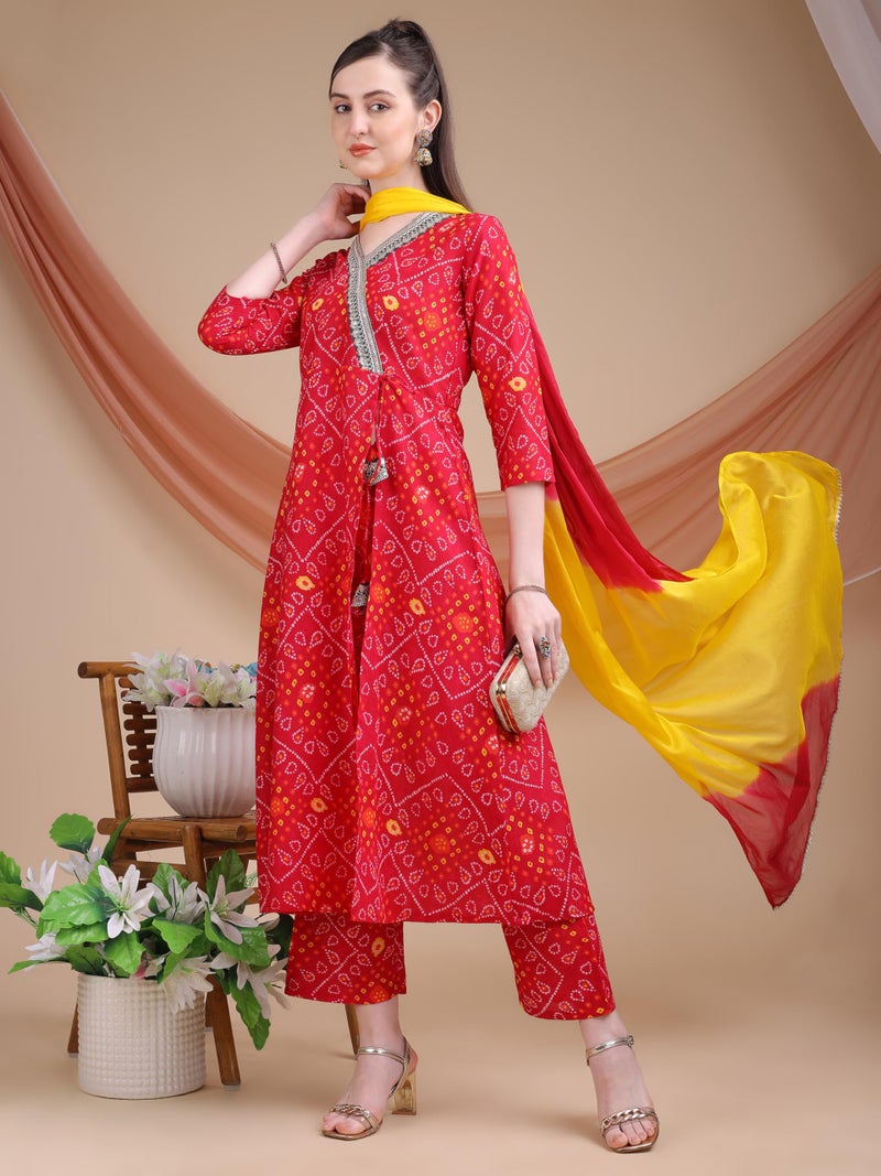 EthnicJunction Women's Cotton Silk Bandhani Print and Embroidered Work Angrakha Kurta Palazzo With Dupatta Set - Image 5