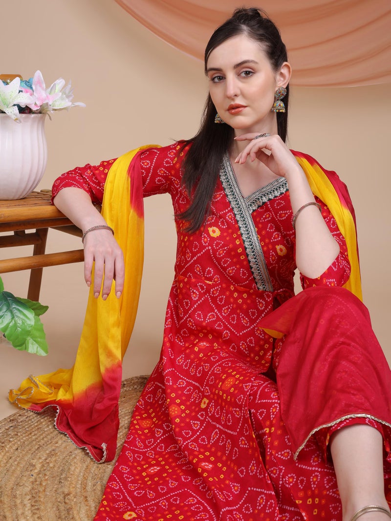 EthnicJunction Women's Cotton Silk Bandhani Print and Embroidered Work Angrakha Kurta Palazzo With Dupatta Set - Image 3