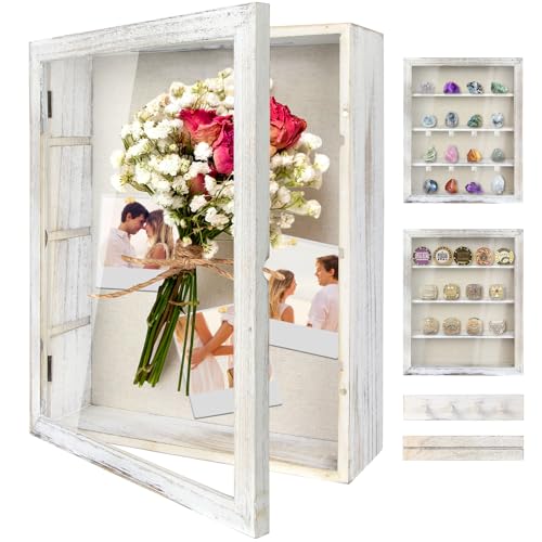 YEPOTUE Shadow Box Display Case 11x14, Deep Shadow Box Picture Frame with Linen Back and Removable Shelves, Wooden Memory Box for Wedding Bouquet, Photos, Medals, Keepsakes (White, 11x14) - Image 1