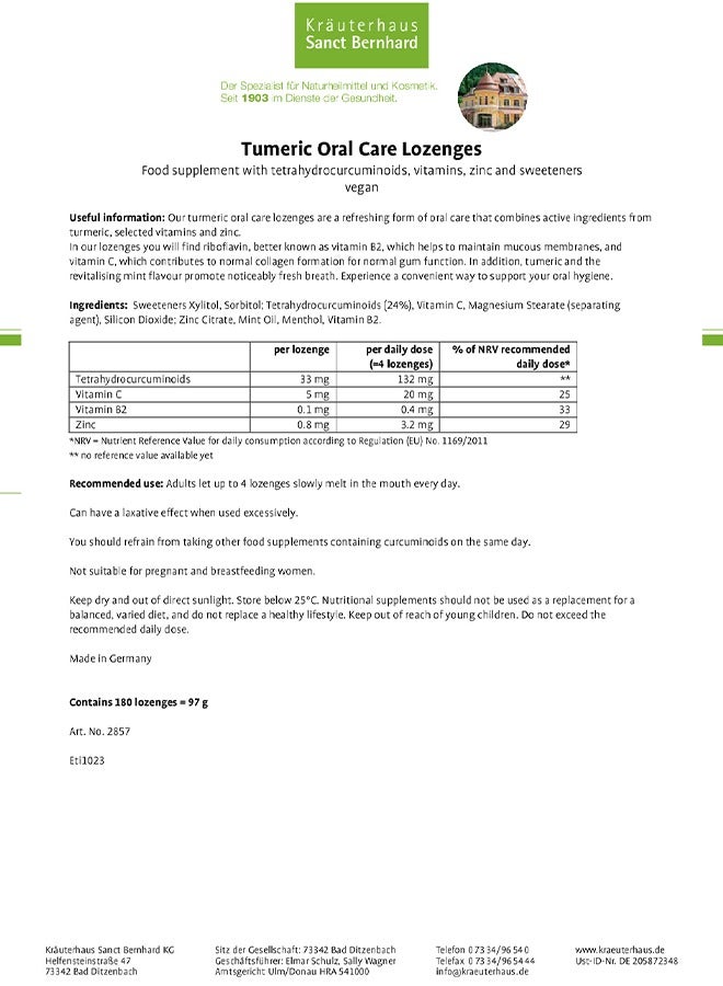 Sanct Bernhard Tumeric Oral Care ,to support oral and gum health, help reduce odor-causing bacteria, soothe gum irritation, and promote long-lasting fresh breath with the natural benefits of turmeric ,180 Lozenges Made in Germany,june 2026 - Image 4