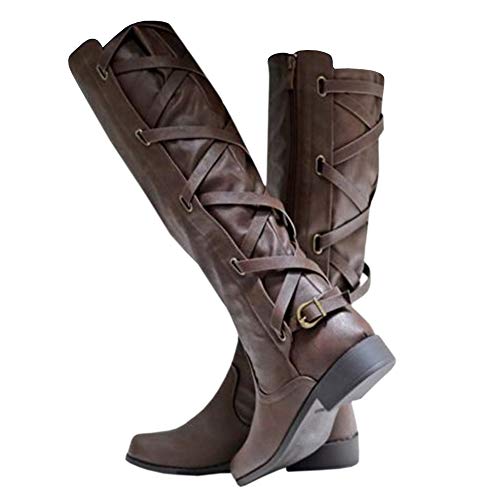 Syktkmx Womens Strappy Motorcycle Knee High Boots Winter Lace Up Riding Flat Low Heel Shoes Dark Brown Size 75 - Image 1