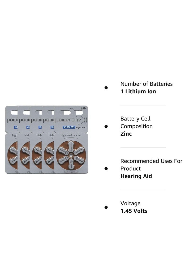 Power One - PowerOne 1.45V Original German High Level Hearing Aid Batteries P312 Pack Of 30 Pieces - Image 1