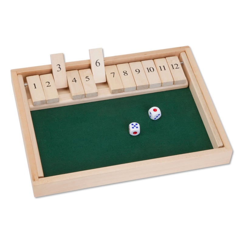 Bits and Pieces Bits and Pieces - Wooden Shut The Box 12 Dice Game Board-Classics Tabletop Version of The Popular English Pub Game - Game Board Measures 7-3/4" x 14" x 1-1/4" Comes with 2 dice and Instructions  - Image 1