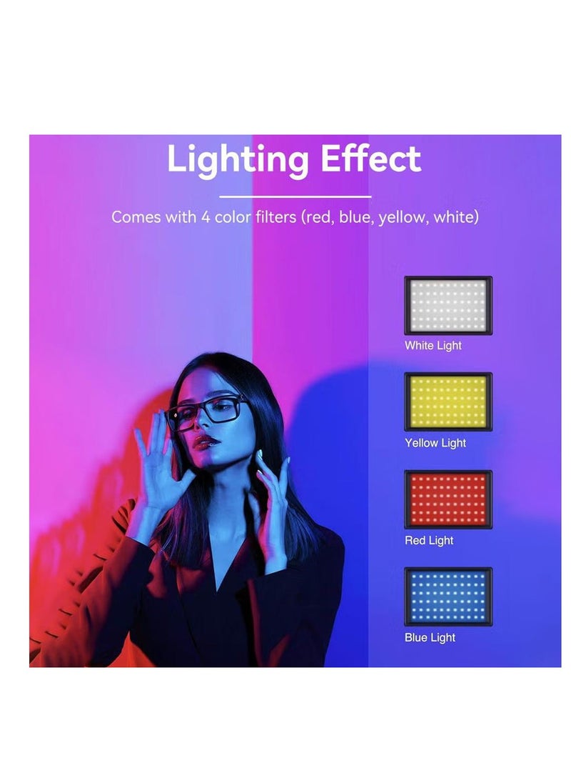 مصباح فيديو LED بـ 11 درجة سطوع، و4 فلاتر ألوان قابلة للتعتيم للتصوير الفوتوغرافي، وإضاءة مستمرة على سطح الطاولة، وحامل ثلاثي القوائم قابل للتعديل، ومصباح تعبئة محمول بمنفذ USB للتصوير في الاستوديو