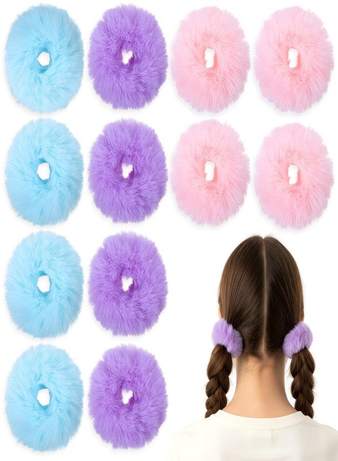 Sibba 12Pcs Fuzzy Scrunchies Faux Rabbit Fur Pom Pom Hair Ties Ponytail Holders Hair Bobbles for Women Braids Wristband - Image 1