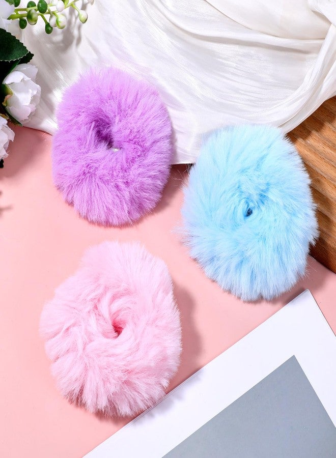 Sibba 12Pcs Fuzzy Scrunchies Faux Rabbit Fur Pom Pom Hair Ties Ponytail Holders Hair Bobbles for Women Braids Wristband - Image 3