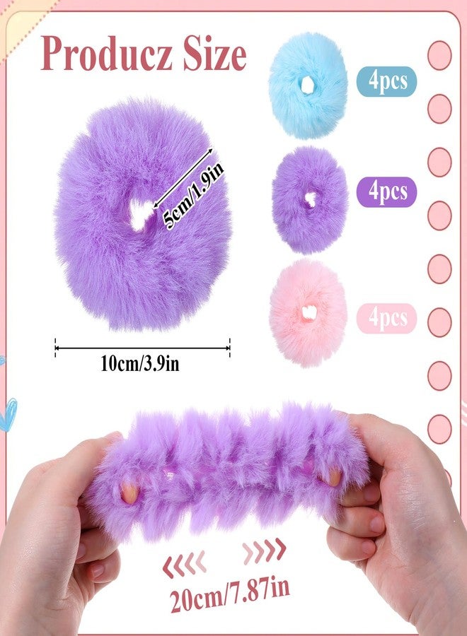 Sibba 12Pcs Fuzzy Scrunchies Faux Rabbit Fur Pom Pom Hair Ties Ponytail Holders Hair Bobbles for Women Braids Wristband - Image 2