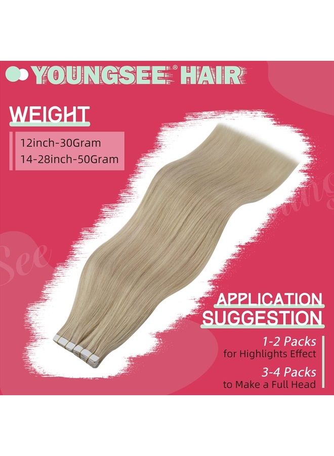 YoungSee Tape in Hair Extensions Human Hair Blonde Highlights 14Inch Tape in Human Hair Extensions Ash Blonde Highlights with Blonde Tape in Hair Extensions Real Human Hair Highlights Hair 50G 20Pcs - Image 3