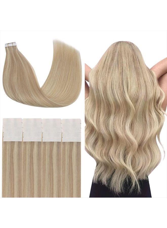 YoungSee Tape in Hair Extensions Human Hair Blonde Highlights 14Inch Tape in Human Hair Extensions Ash Blonde Highlights with Blonde Tape in Hair Extensions Real Human Hair Highlights Hair 50G 20Pcs - Image 1