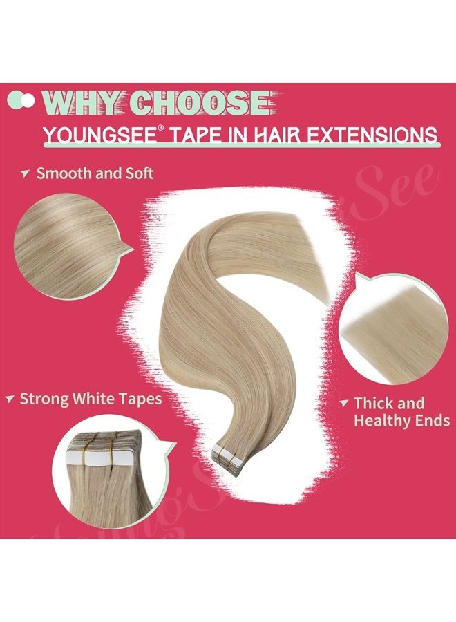 YoungSee Tape in Hair Extensions Human Hair Blonde Highlights 14Inch Tape in Human Hair Extensions Ash Blonde Highlights with Blonde Tape in Hair Extensions Real Human Hair Highlights Hair 50G 20Pcs - Image 2
