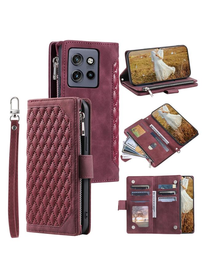 S-TOP Case For Motorola Edge 50 Neo Grid Texture Zipper Leather Phone Case with Lanyard - Image 1