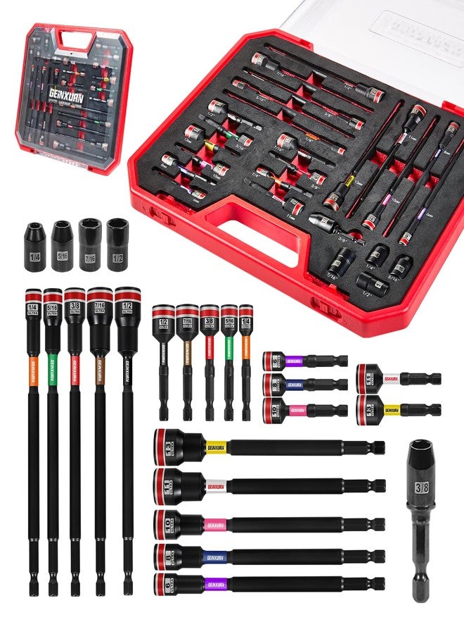 Geinxurn 25Pieces Magnetic Nut Driver Set for Impact Drill Metric and SAE Sizes with Plastic Tool Box Storage, Built for Professional & DIY Projects - Image 1
