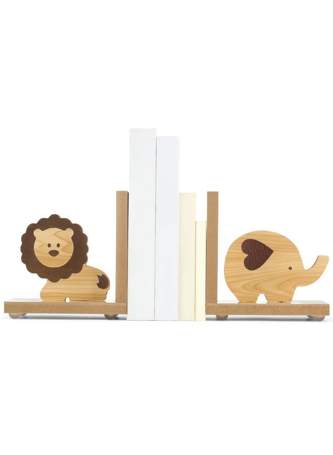 Harloon 2 Pcs Animal Bookends for Kids Wooden Decor Lion Elephant Animal Safari Bookends Decor for Girl Childrens Bedroom Home Nursery - Image 1