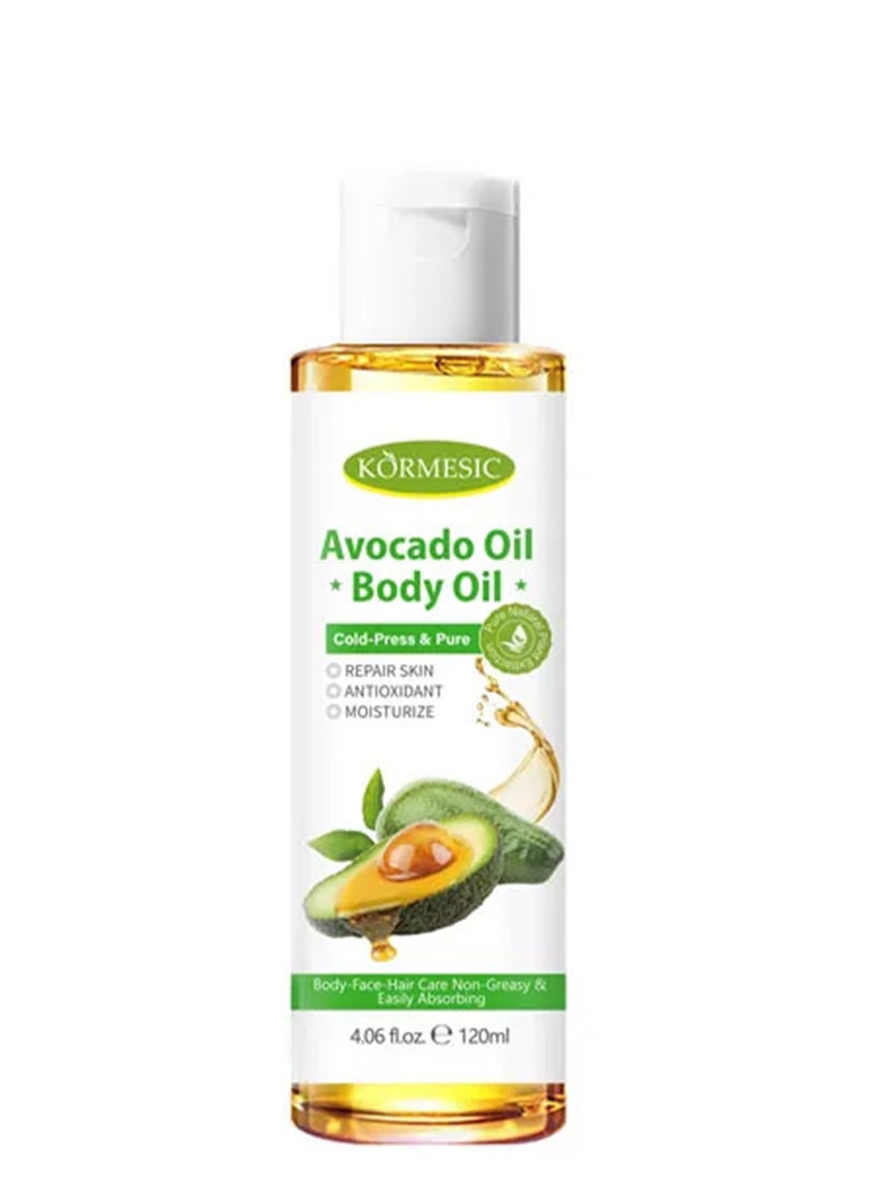 Kormesic زيت الأفوكادو للجسم 120 مل - زيت مرطب للجسم - مظهر مشرق - ترطيب البشرة - امتصاص فوري - زيت علاج البشرة - زيت تدليك طبيعي - تليين متعدد الاستخدامات - زيت الأفوكادو للجسم - Image 1