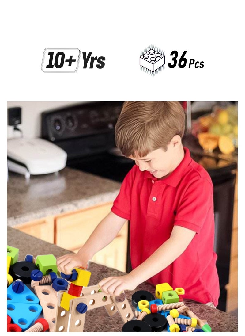 ponny Ponny 36 PCS Wood Nuts Bolts Set Kids DIY Assembly Cars Model Wooden Construction Building Set for Kids  - Image 1
